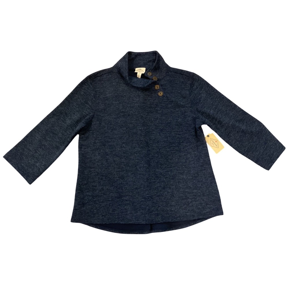 St Johns Bay Womens Navy Blue Marled Mock Neck Button Pullover Top Size S NWT